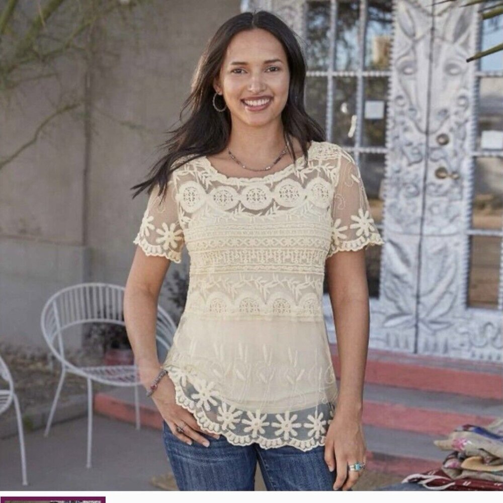 Sundance - Sense of Wonder Embroidered Lace Sheer Top w/ separate Cami - Size S